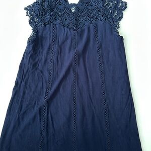 Elegant Navy Blue Dress with Lace Neckline